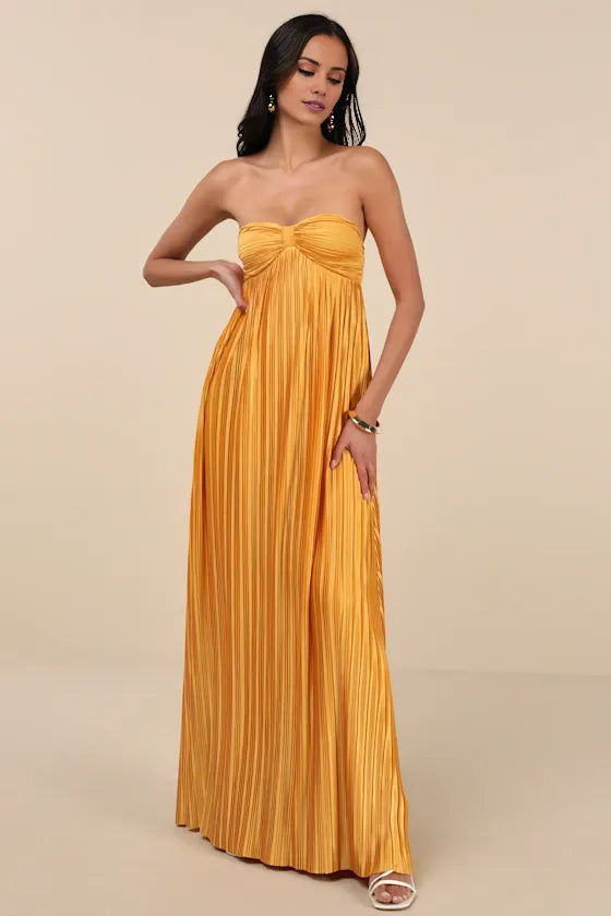 TingPo Wholesale Signature Elegance Whimsical Beauty Golden Yellow Satin Plisse Strapless Maxi Dress formal wear dresses